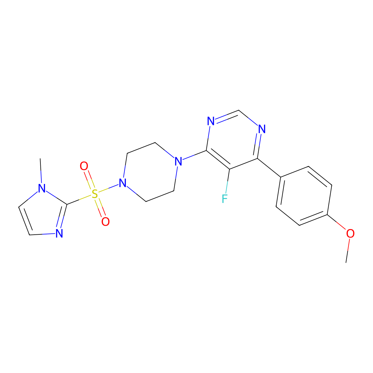 5-fluoro-4-(4-methoxyphenyl)-6-{4-[(1-methyl-1H-imidazol-2-yl)sulfonyl]piperazin-1-yl}pyrimidine molecular structure, CAS 2380191-84-2
