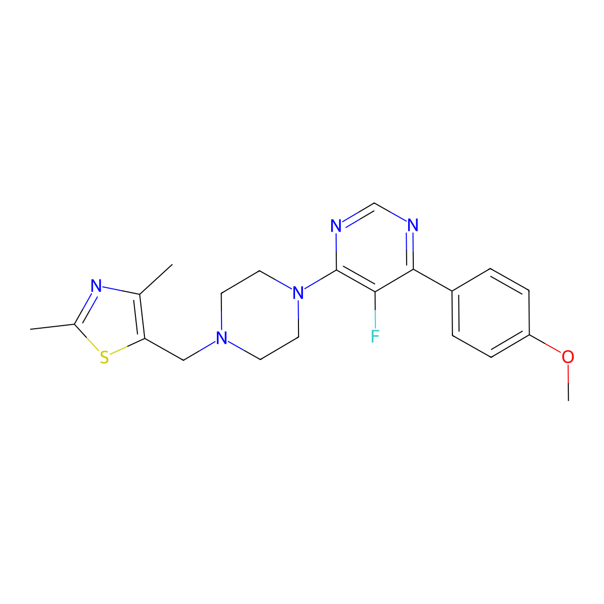 4-{4-[(2,4-Dimethyl-1,3-thiazol-5-yl)methyl]piperazin-1-yl}-5-fluoro-6-(4-methoxyphenyl)pyrimidine molecular structure, CAS 2380192-01-6