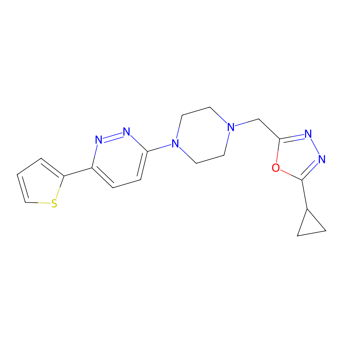 3-{4-[(5-Cyclopropyl-1,3,4-oxadiazol-2-yl)methyl]piperazin-1-yl}-6-(thiophen-2-yl)pyridazine molecular structure, CAS 2380192-02-7