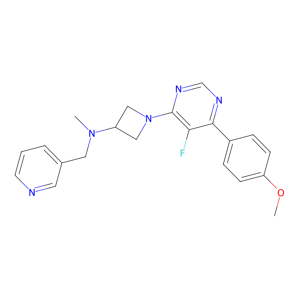 1-[5-fluoro-6-(4-methoxyphenyl)pyrimidin-4-yl]-N-methyl-N-[(pyridin-3-yl)methyl]azetidin-3-amine molecular structure, CAS 2380192-11-8