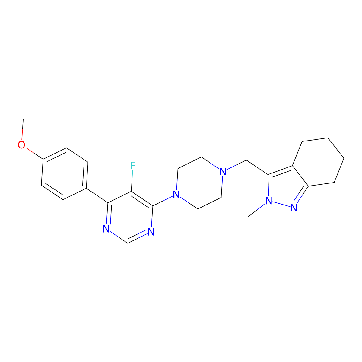 3-({4-[5-fluoro-6-(4-methoxyphenyl)pyrimidin-4-yl]piperazin-1-yl}methyl)-2-methyl-4,5,6,7-tetrahydro-2H-indazole molecular structure, CAS 2380192-28-7