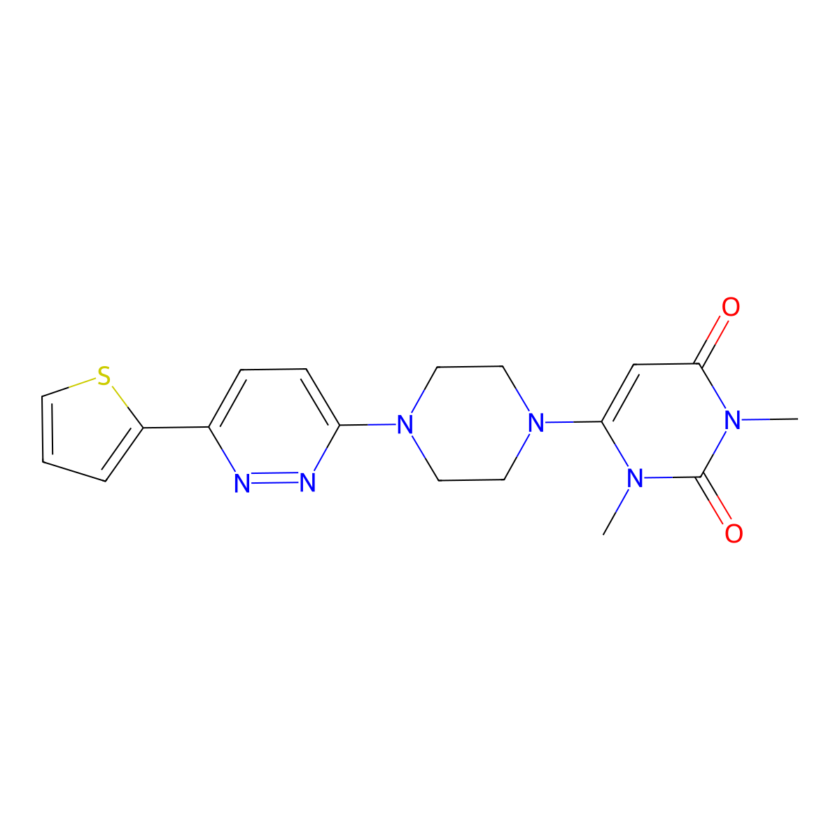 1,3-Dimethyl-6-{4-[6-(thiophen-2-yl)pyridazin-3-yl]piperazin-1-yl}-1,2,3,4-tetrahydropyrimidine-2,4-dione molecular structure, CAS 2380192-35-6