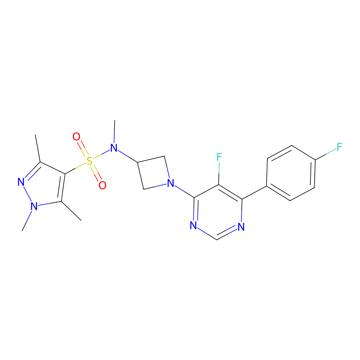 N-{1-[5-fluoro-6-(4-fluorophenyl)pyrimidin-4-yl]azetidin-3-yl}-N,1,3,5-tetramethyl-1H-pyrazole-4-sulfonamide molecular structure, CAS 2380192-57-2