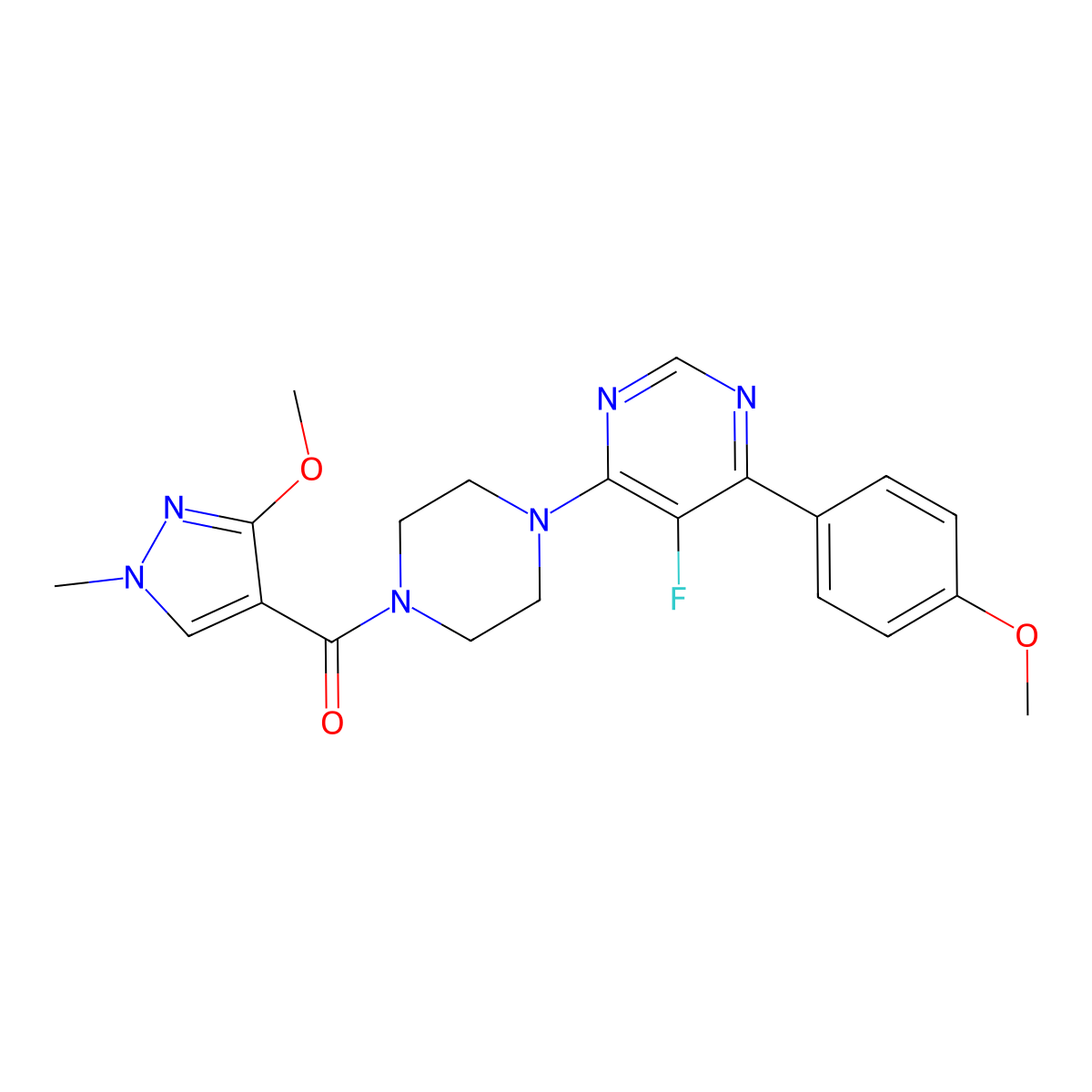 5-fluoro-4-[4-(3-methoxy-1-methyl-1H-pyrazole-4-carbonyl)piperazin-1-yl]-6-(4-methoxyphenyl)pyrimidine molecular structure, CAS 2380192-68-5