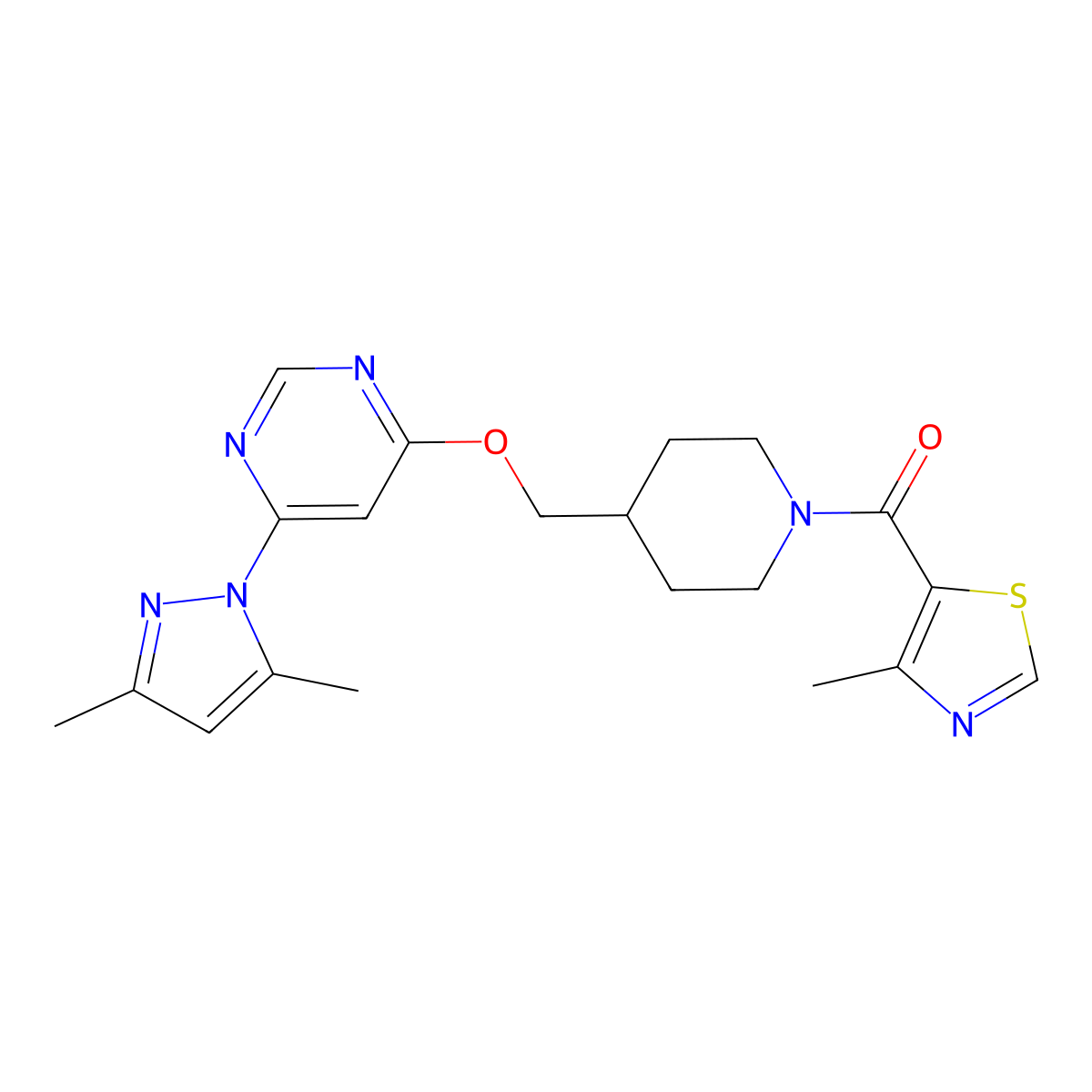 4-(3,5-dimethyl-1H-pyrazol-1-yl)-6-{[1-(4-methyl-1,3-thiazole-5-carbonyl)piperidin-4-yl]methoxy}pyrimidine molecular structure, CAS 2380192-70-9