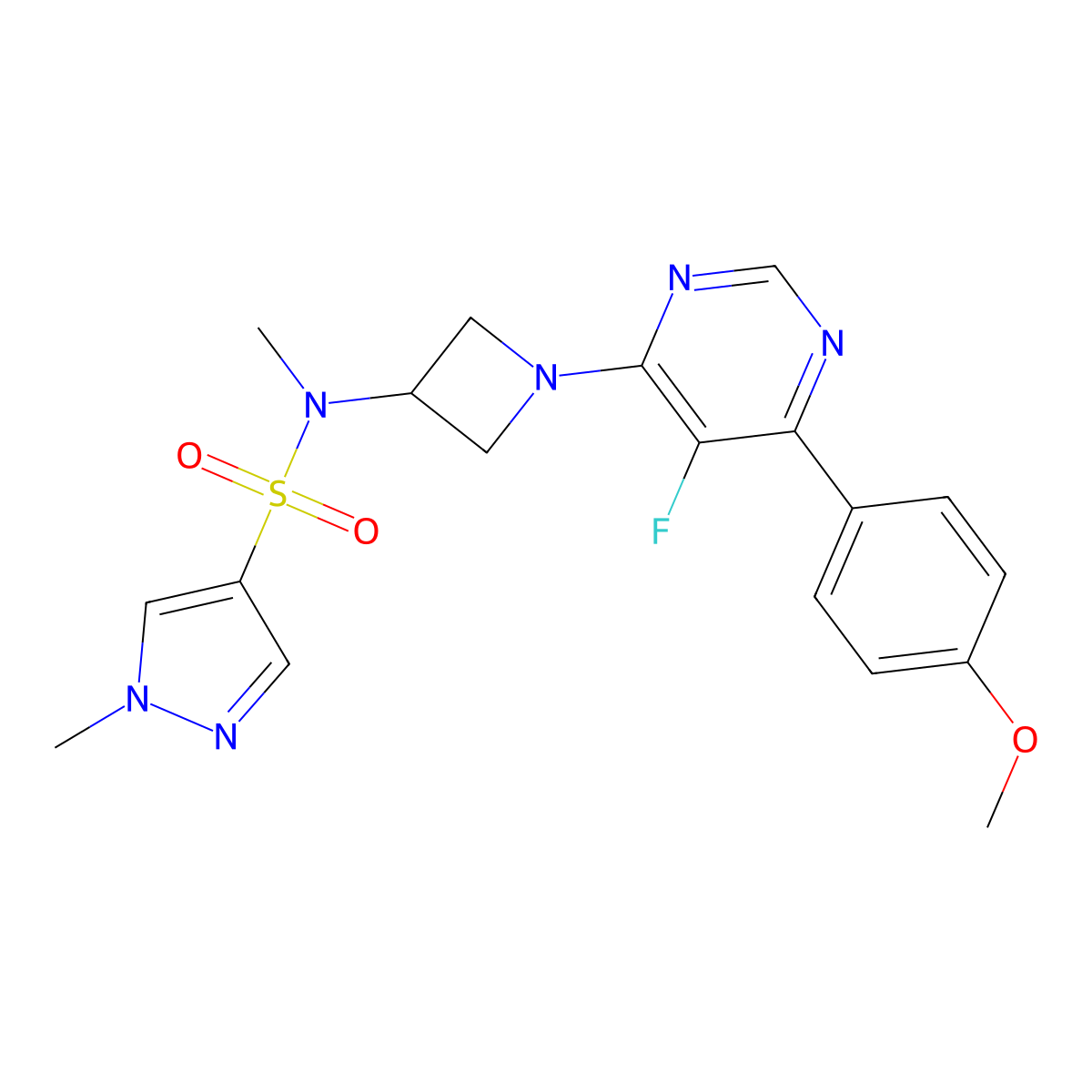 N-{1-[5-fluoro-6-(4-methoxyphenyl)pyrimidin-4-yl]azetidin-3-yl}-N,1-dimethyl-1H-pyrazole-4-sulfonamide molecular structure, CAS 2380192-92-5