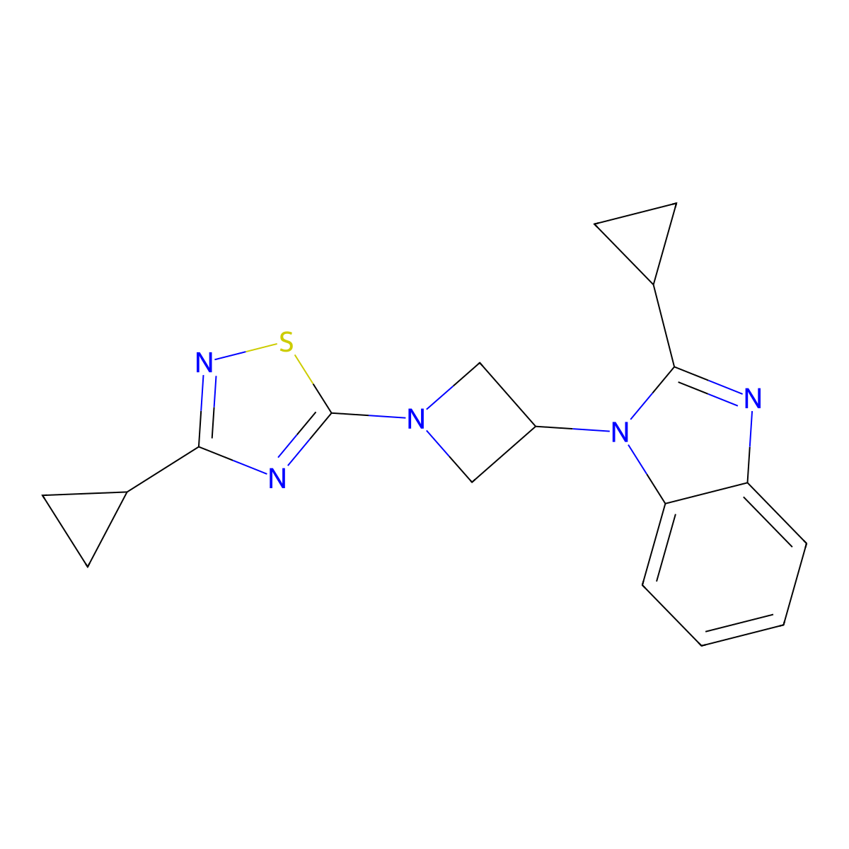 2-cyclopropyl-1-[1-(3-cyclopropyl-1,2,4-thiadiazol-5-yl)azetidin-3-yl]-1H-1,3-benzodiazole molecular structure, CAS 2380193-10-0