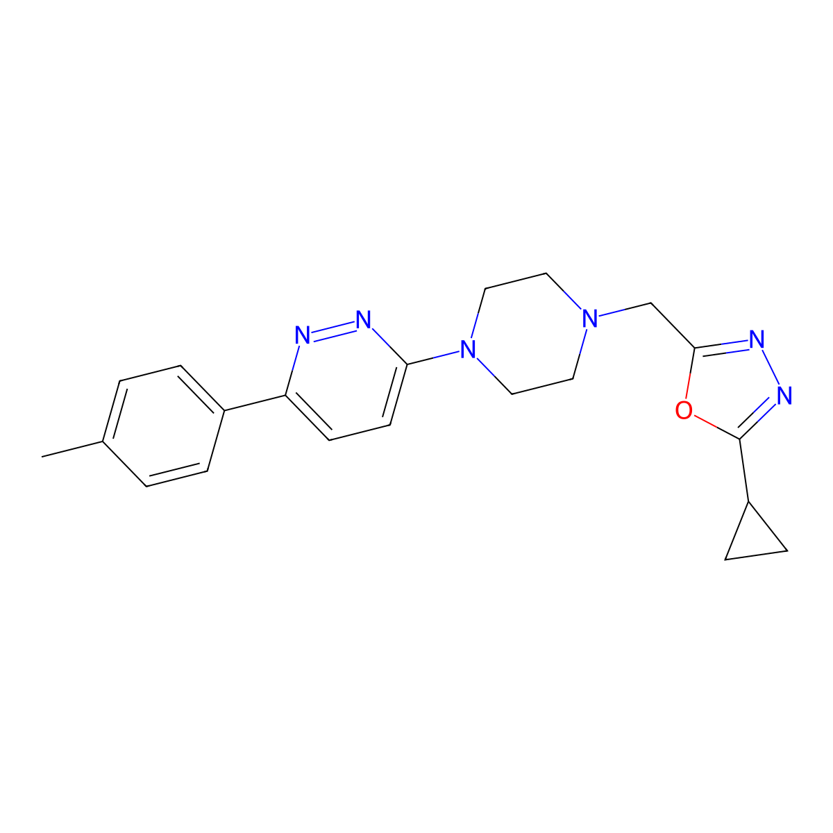 3-{4-[(5-Cyclopropyl-1,3,4-oxadiazol-2-yl)methyl]piperazin-1-yl}-6-(4-methylphenyl)pyridazine molecular structure, CAS 2380193-20-2