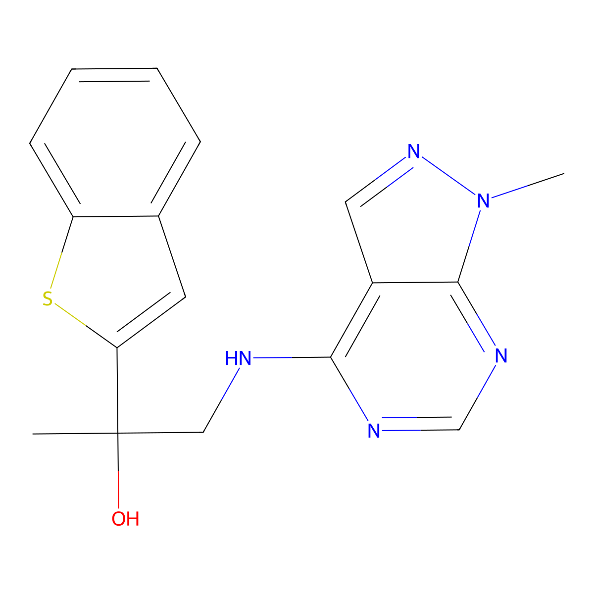 2-(1-benzothiophen-2-yl)-1-({1-methyl-1H-pyrazolo[3,4-d]pyrimidin-4-yl}amino)propan-2-ol molecular structure, CAS 2380193-24-6