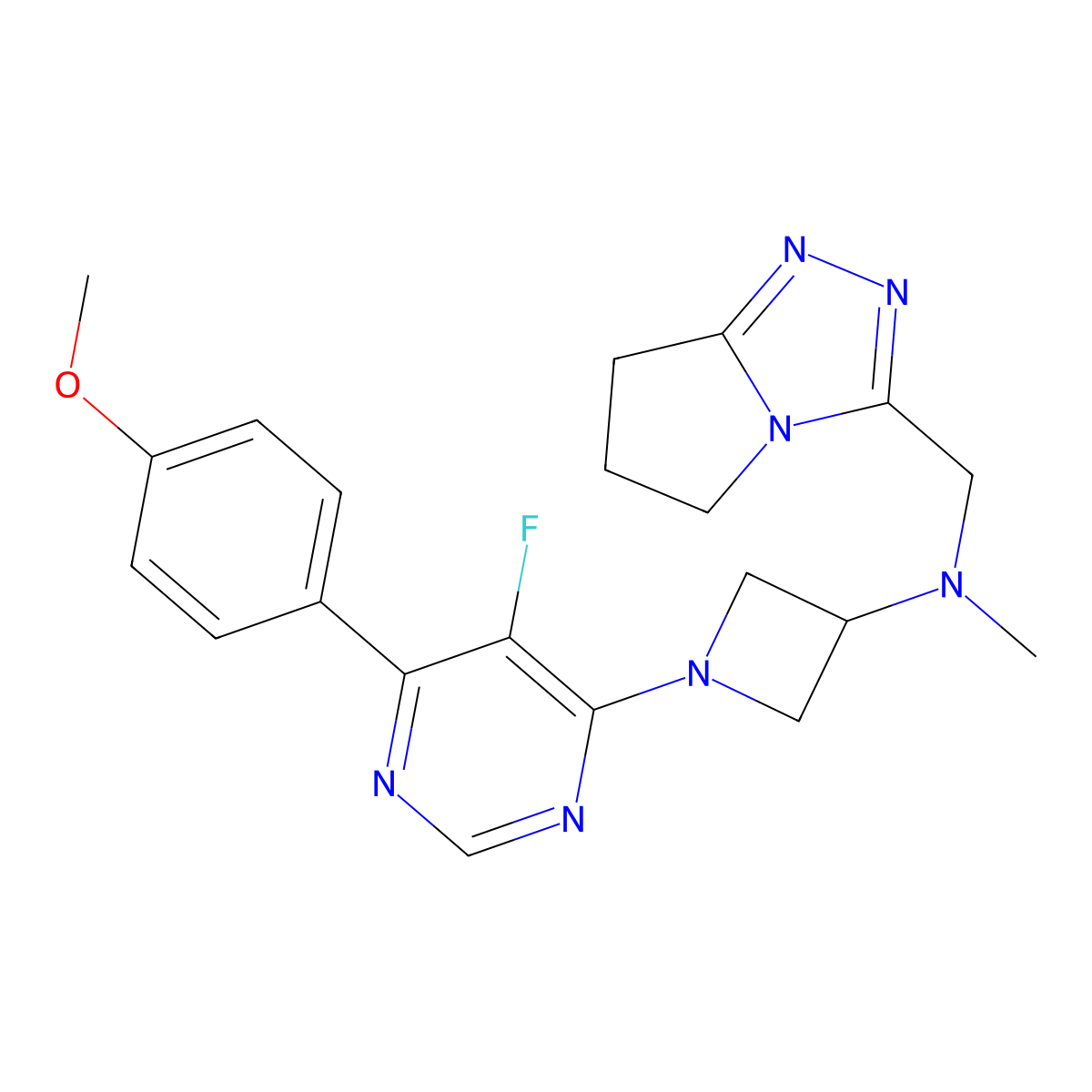 1-[5-fluoro-6-(4-methoxyphenyl)pyrimidin-4-yl]-N-methyl-N-({5H,6H,7H-pyrrolo[2,1-c][1,2,4]triazol-3-yl}methyl)azetidin-3-amine molecular structure, CAS 2380193-39-3