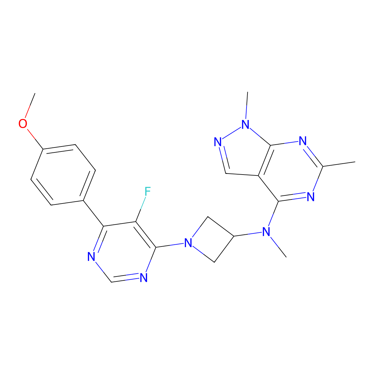 N-{1,6-dimethyl-1H-pyrazolo[3,4-d]pyrimidin-4-yl}-1-[5-fluoro-6-(4-methoxyphenyl)pyrimidin-4-yl]-N-methylazetidin-3-amine molecular structure, CAS 2380193-46-2