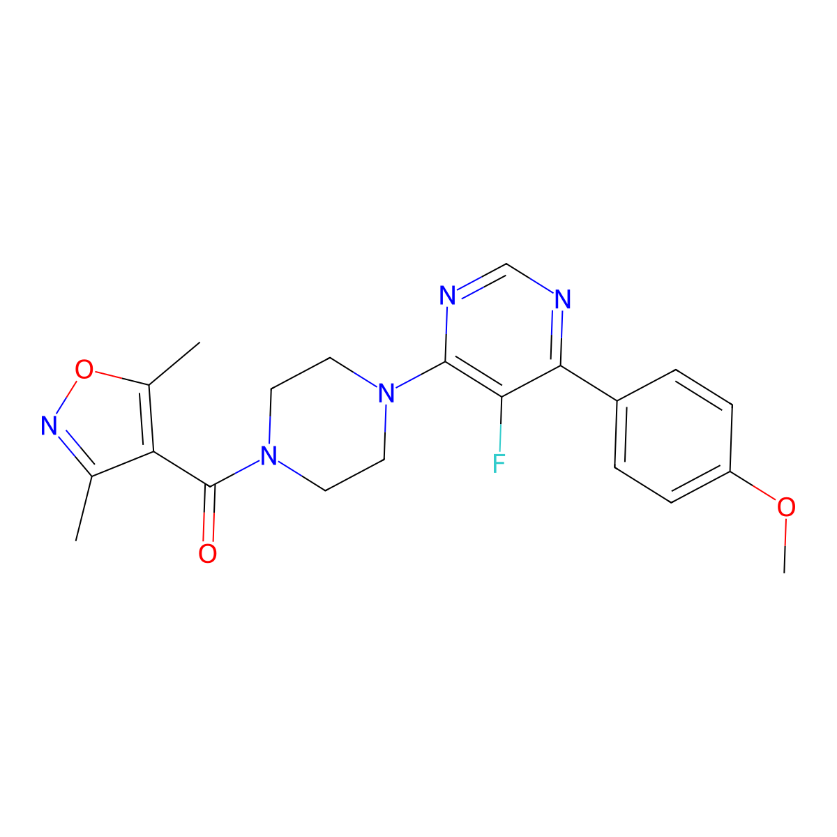 4-[4-(3,5-Dimethyl-1,2-oxazole-4-carbonyl)piperazin-1-yl]-5-fluoro-6-(4-methoxyphenyl)pyrimidine molecular structure, CAS 2380193-51-9