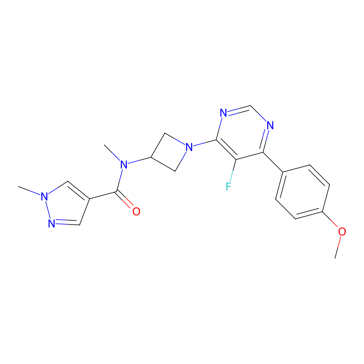 N-{1-[5-fluoro-6-(4-methoxyphenyl)pyrimidin-4-yl]azetidin-3-yl}-N,1-dimethyl-1H-pyrazole-4-carboxamide molecular structure, CAS 2380193-69-9