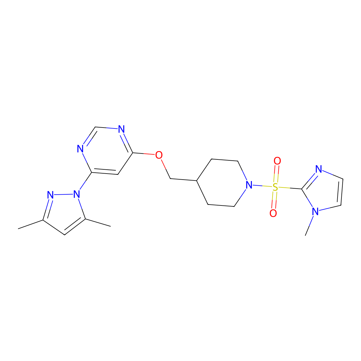 4-(3,5-dimethyl-1H-pyrazol-1-yl)-6-({1-[(1-methyl-1H-imidazol-2-yl)sulfonyl]piperidin-4-yl}methoxy)pyrimidine molecular structure, CAS 2380193-71-3