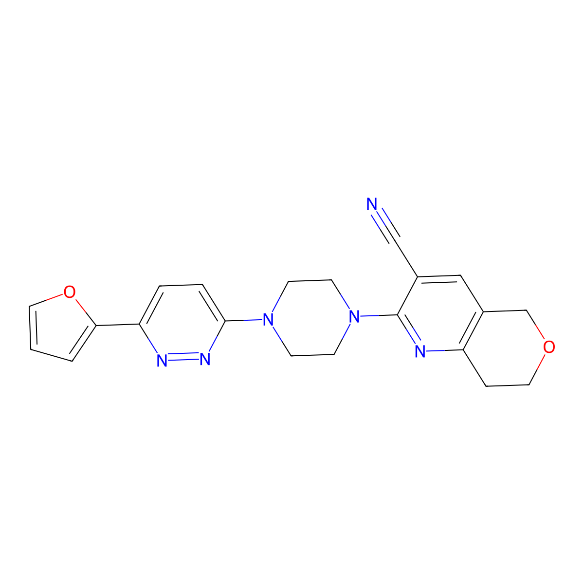 2-{4-[6-(furan-2-yl)pyridazin-3-yl]piperazin-1-yl}-5H,7H,8H-pyrano[4,3-b]pyridine-3-carbonitrile molecular structure, CAS 2380193-86-0