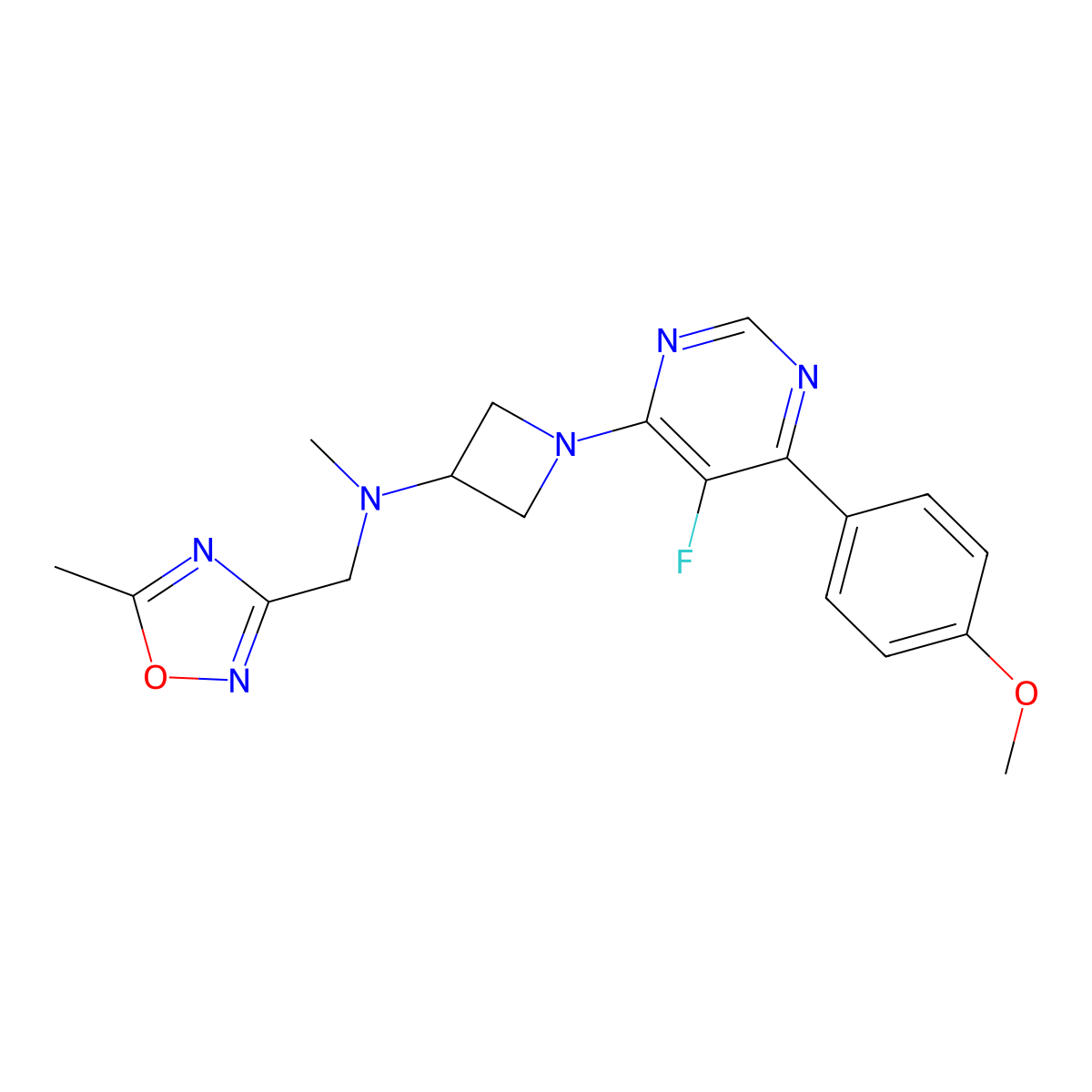 1-[5-Fluoro-6-(4-methoxyphenyl)pyrimidin-4-yl]-N-methyl-N-[(5-methyl-1,2,4-oxadiazol-3-yl)methyl]azetidin-3-amine molecular structure, CAS 2380193-87-1
