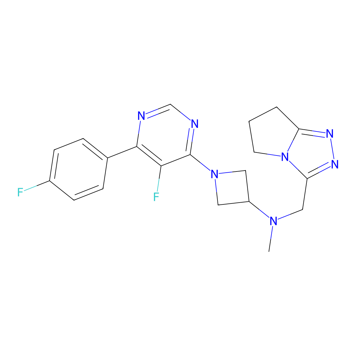 1-[5-fluoro-6-(4-fluorophenyl)pyrimidin-4-yl]-N-methyl-N-({5H,6H,7H-pyrrolo[2,1-c][1,2,4]triazol-3-yl}methyl)azetidin-3-amine molecular structure, CAS 2380193-90-6