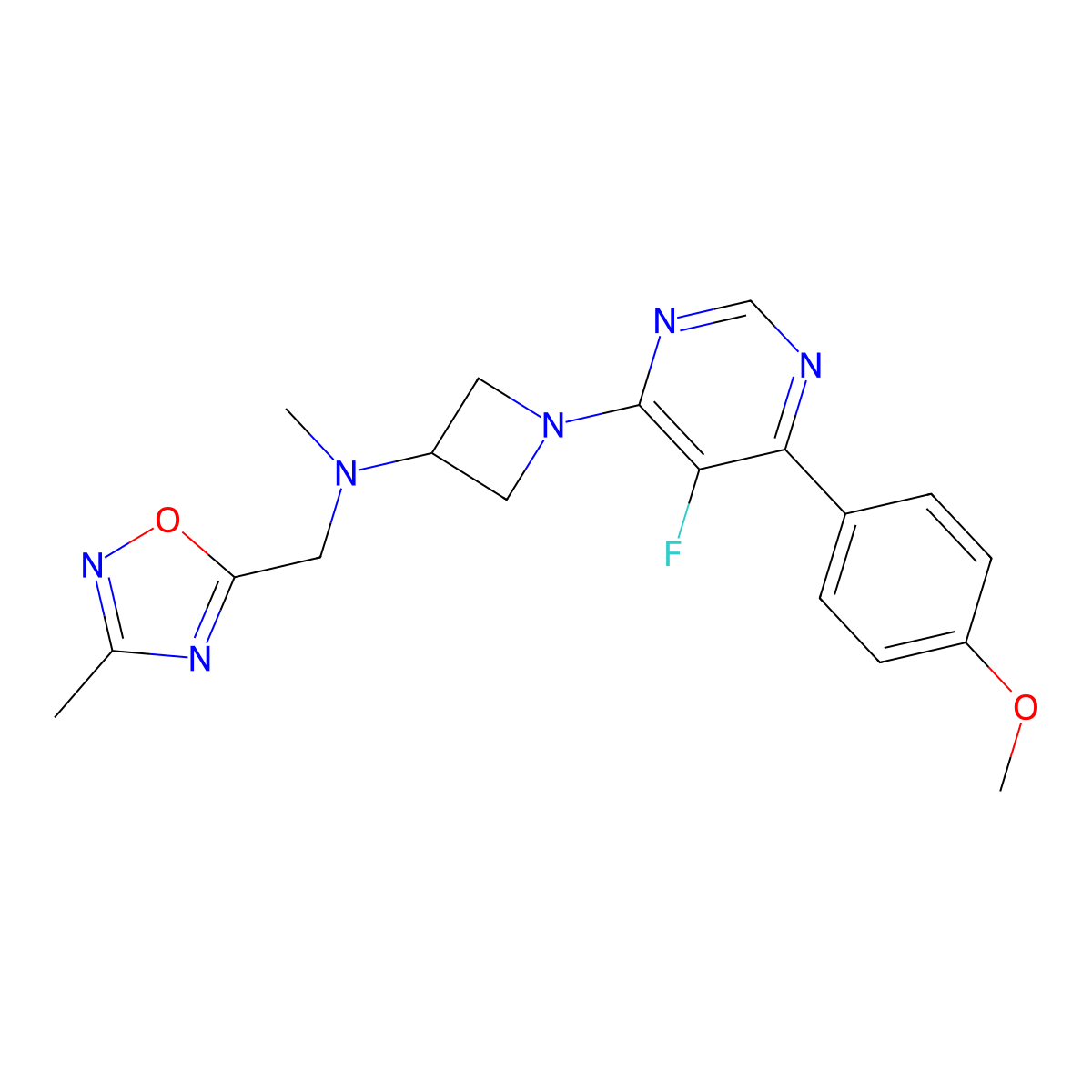 1-[5-Fluoro-6-(4-methoxyphenyl)pyrimidin-4-yl]-N-methyl-N-[(3-methyl-1,2,4-oxadiazol-5-yl)methyl]azetidin-3-amine molecular structure, CAS 2380193-95-1