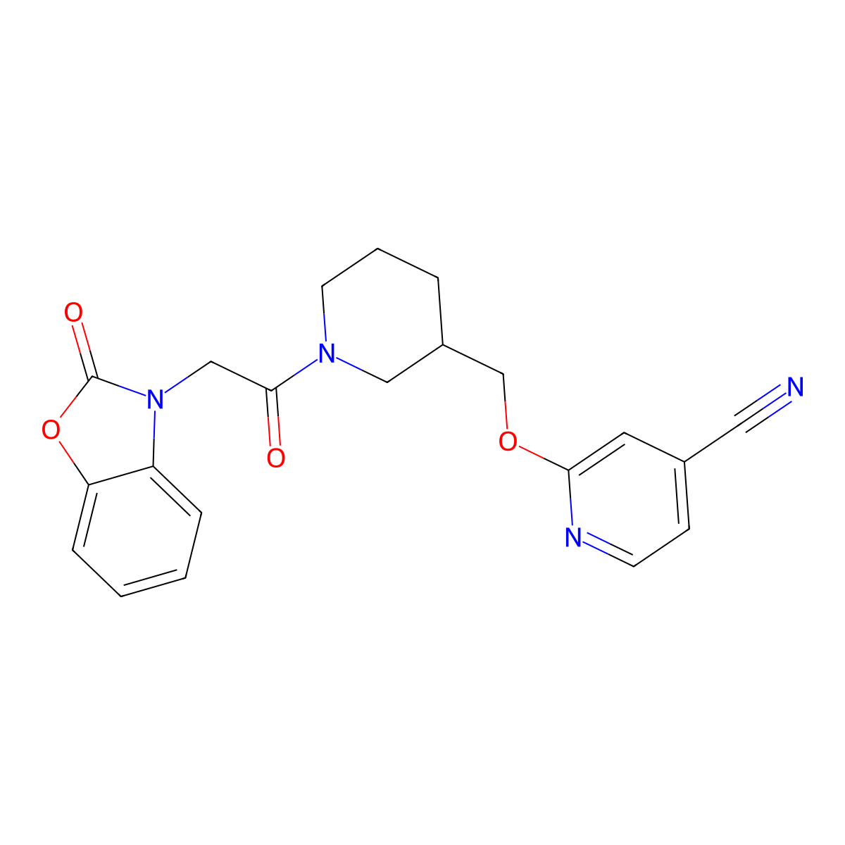 2-({1-[2-(2-Oxo-2,3-dihydro-1,3-benzoxazol-3-yl)acetyl]piperidin-3-yl}methoxy)pyridine-4-carbonitrile molecular structure, CAS 2380193-99-5