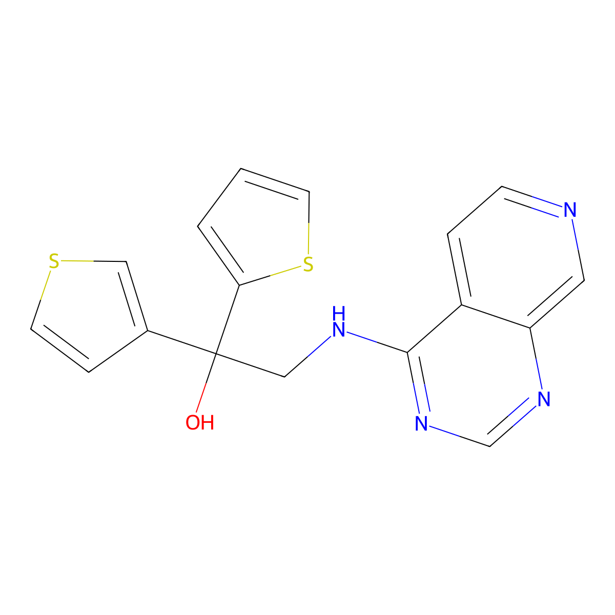 2-({Pyrido[3,4-d]pyrimidin-4-yl}amino)-1-(thiophen-2-yl)-1-(thiophen-3-yl)ethan-1-ol molecular structure, CAS 2380194-25-0