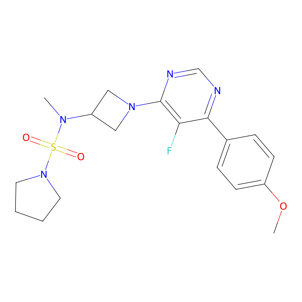 N-{1-[5-fluoro-6-(4-methoxyphenyl)pyrimidin-4-yl]azetidin-3-yl}-N-methylpyrrolidine-1-sulfonamide molecular structure, CAS 2380194-36-3