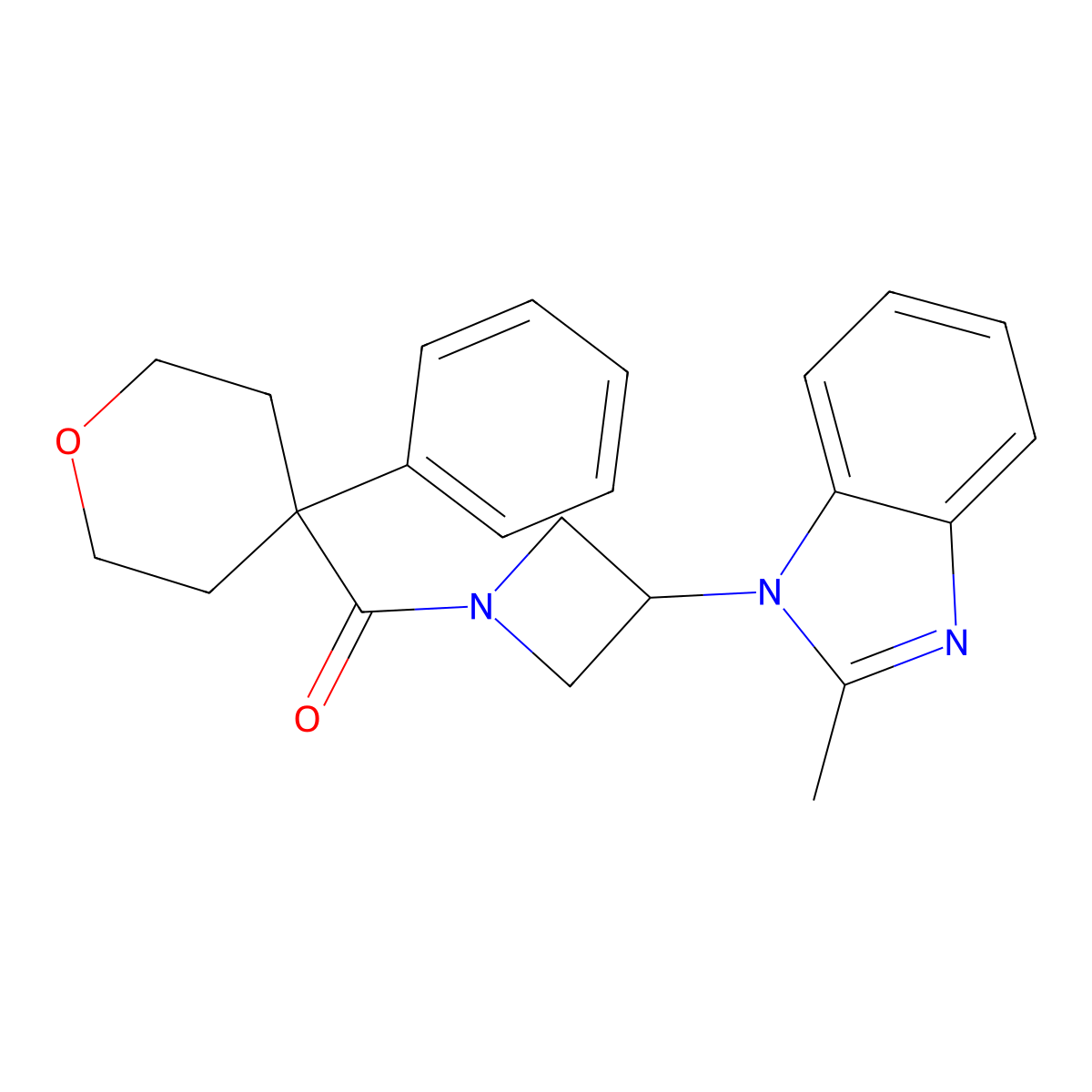 2-methyl-1-[1-(4-phenyloxane-4-carbonyl)azetidin-3-yl]-1H-1,3-benzodiazole molecular structure, CAS 2380194-39-6