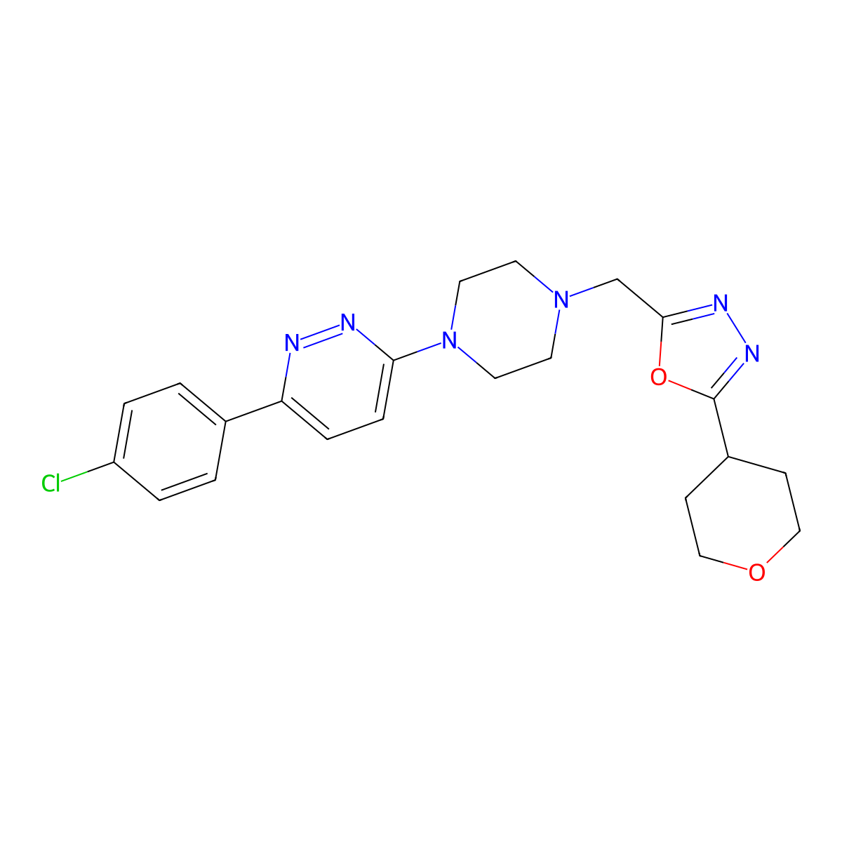 3-(4-Chlorophenyl)-6-(4-{[5-(oxan-4-yl)-1,3,4-oxadiazol-2-yl]methyl}piperazin-1-yl)pyridazine molecular structure, CAS 2380194-43-2