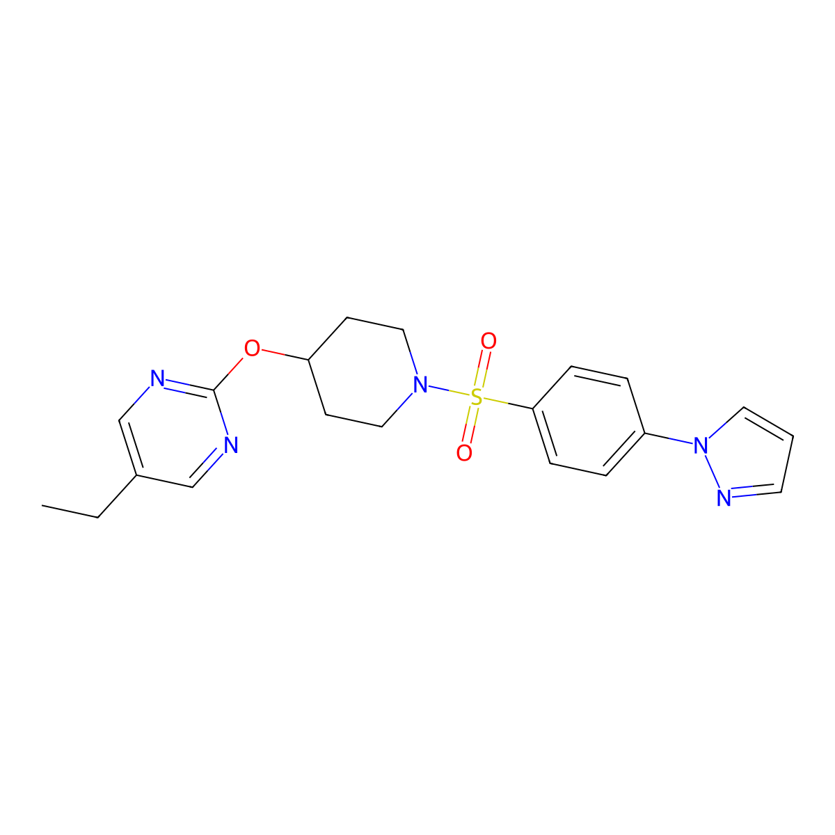 5-ethyl-2-({1-[4-(1H-pyrazol-1-yl)benzenesulfonyl]piperidin-4-yl}oxy)pyrimidine molecular structure, CAS 2380194-63-6