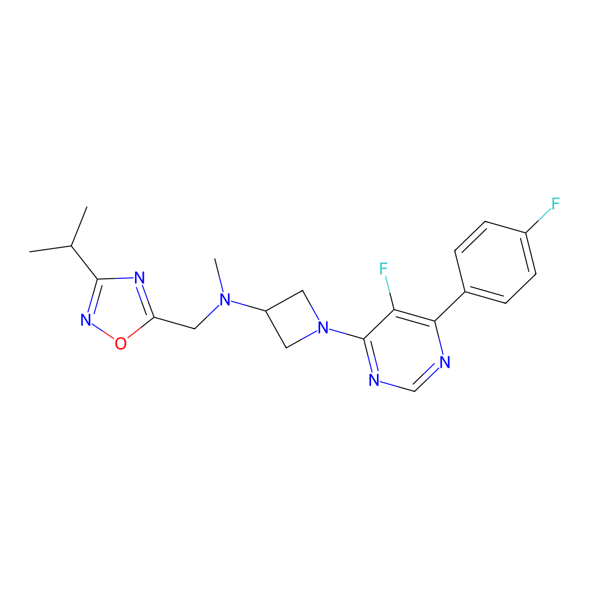 1-[5-fluoro-6-(4-fluorophenyl)pyrimidin-4-yl]-N-methyl-N-{[3-(propan-2-yl)-1,2,4-oxadiazol-5-yl]methyl}azetidin-3-amine molecular structure, CAS 2380194-67-0