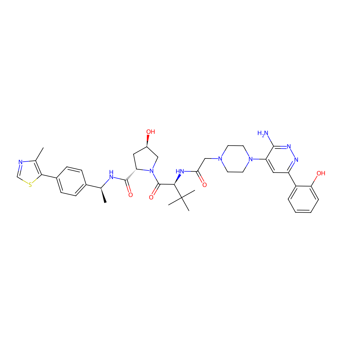 (2S,4R)-1-((S)-2-(2-(4-(3-amino-6-(2-hydroxyphenyl)pyridazin-4-yl)piperazin-1-yl)acetamido)-3,3-dimethylbutanoyl)-4-hydroxy-N-((S)-1-(4-(4-methylthiazol-5-yl)phenyl)ethyl)pyrrolidine-2-carboxamide molecular structure, CAS 2380274-50-8