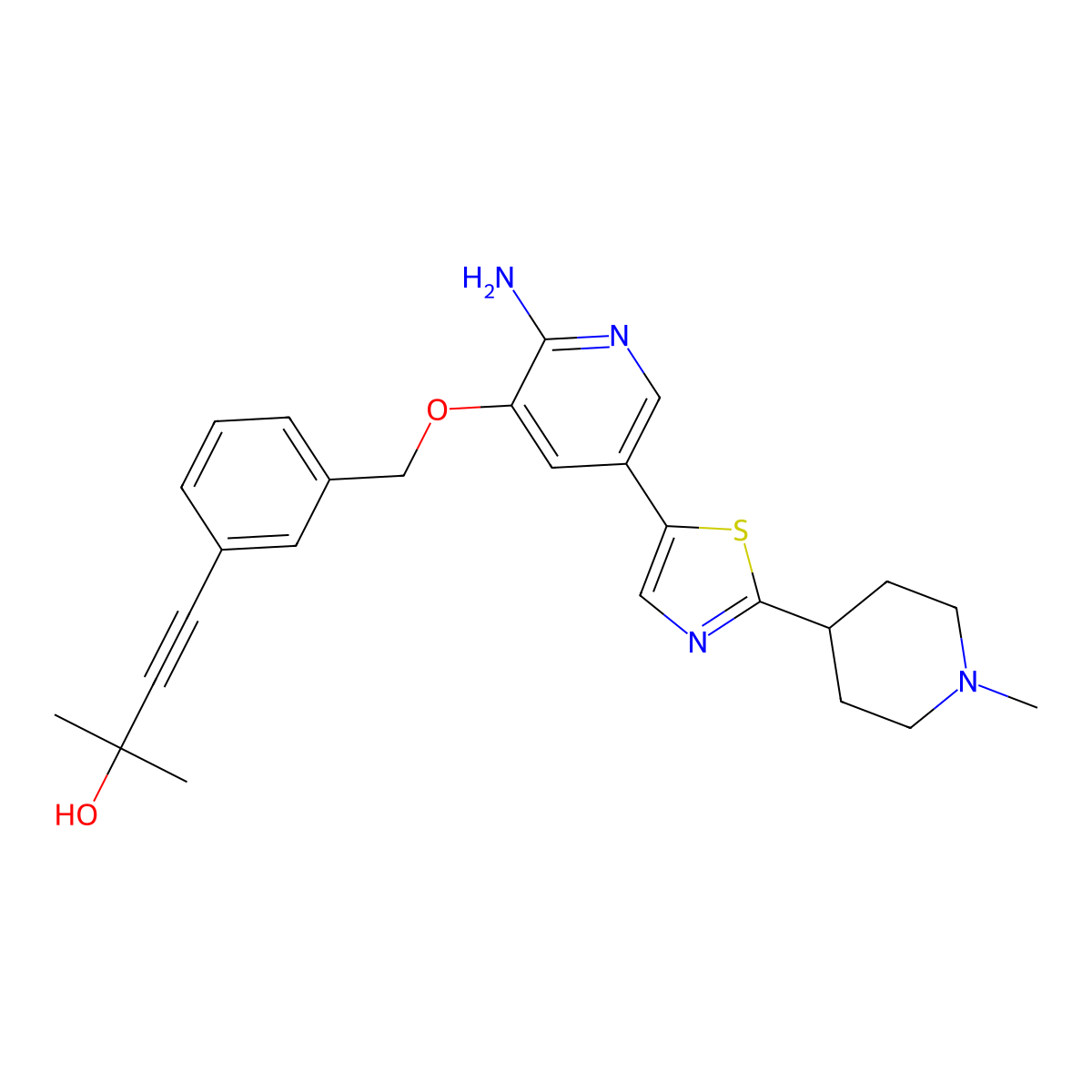 4-{3-[({2-Amino-5-[2-(1-methylpiperidin-4-yl)-1,3-thiazol-5-yl]pyridin-3-yl}oxy)methyl]phenyl}-2-methylbut-3-yn-2-ol molecular structure, CAS 2380300-79-6