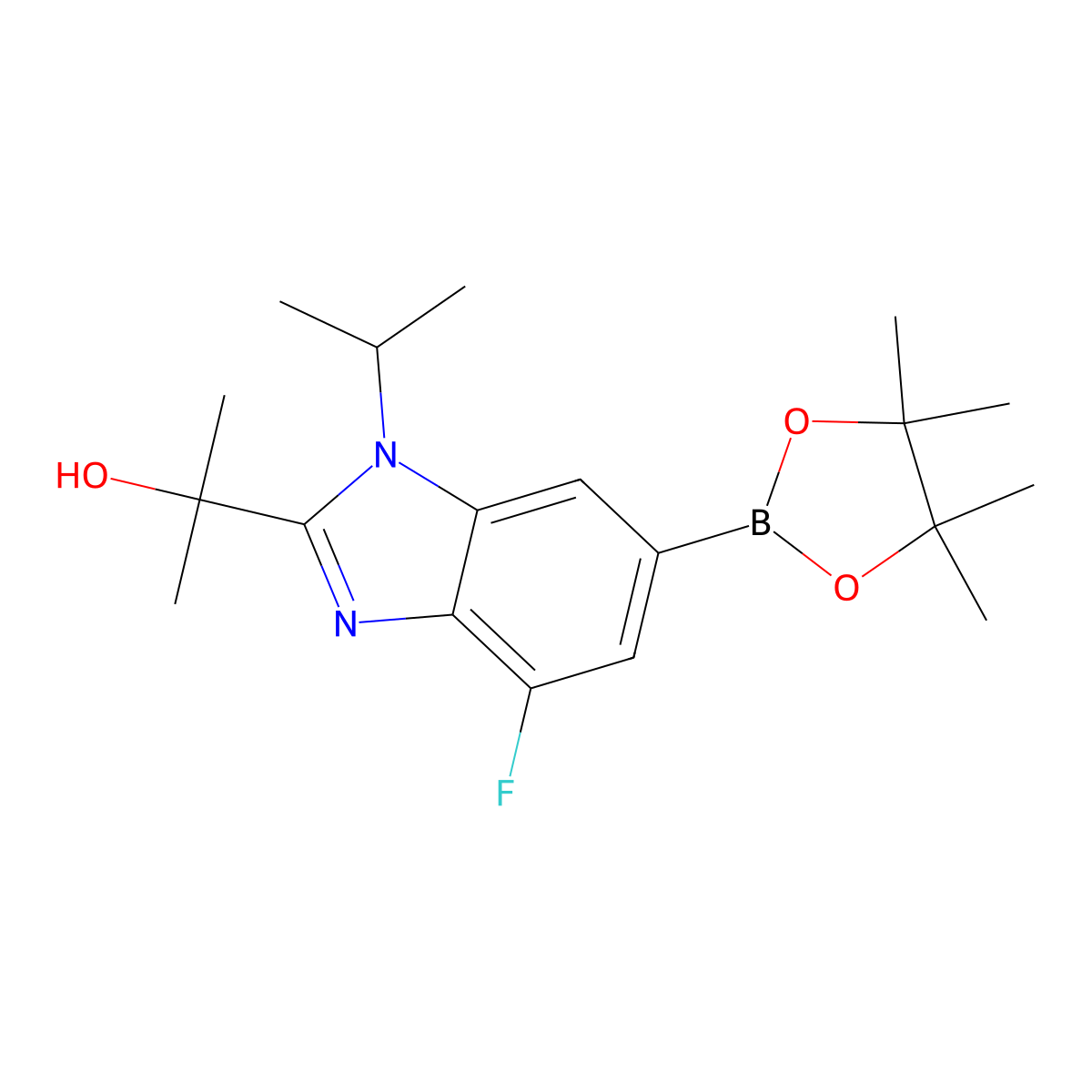 2-(4-Fluoro-1-isopropyl-6-(4,4,5,5-tetramethyl-1,3,2-dioxaborolan-2-yl)-1H-benzo[d]imidazol-2-yl)propan-2-ol molecular structure, CAS 2380323-08-8