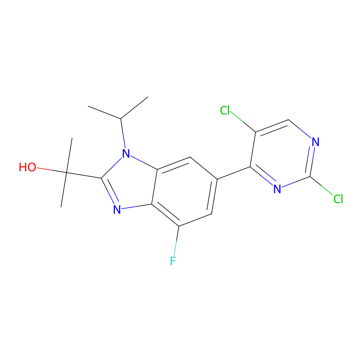 2-(6-(2,5-dichloropyrimidin-4-yl)-4-fluoro-1-isopropyl-1H-benzo[d]imidazol-2-yl)propan-2-ol molecular structure, CAS 2380323-09-9