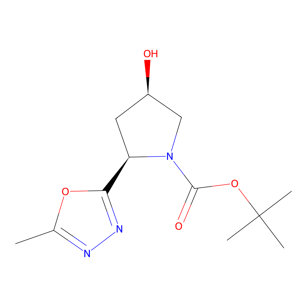 tert-butyl (2R,4R)-4-hydroxy-2-(5-methyl-1,3,4-oxadiazol-2-yl)pyrrolidine-1-carboxylate molecular structure, CAS 2380566-44-7