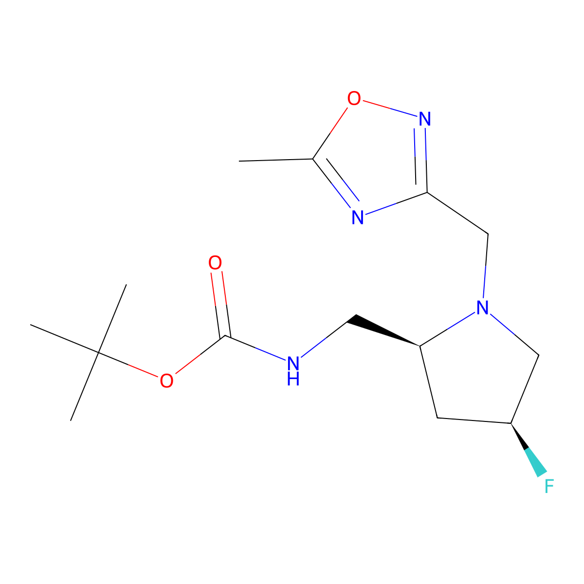 tert-butyl N-{[(2S,4S)-4-fluoro-1-[(5-methyl-1,2,4-oxadiazol-3-yl)methyl]pyrrolidin-2-yl]methyl}carbamate molecular structure, CAS 2380720-34-1