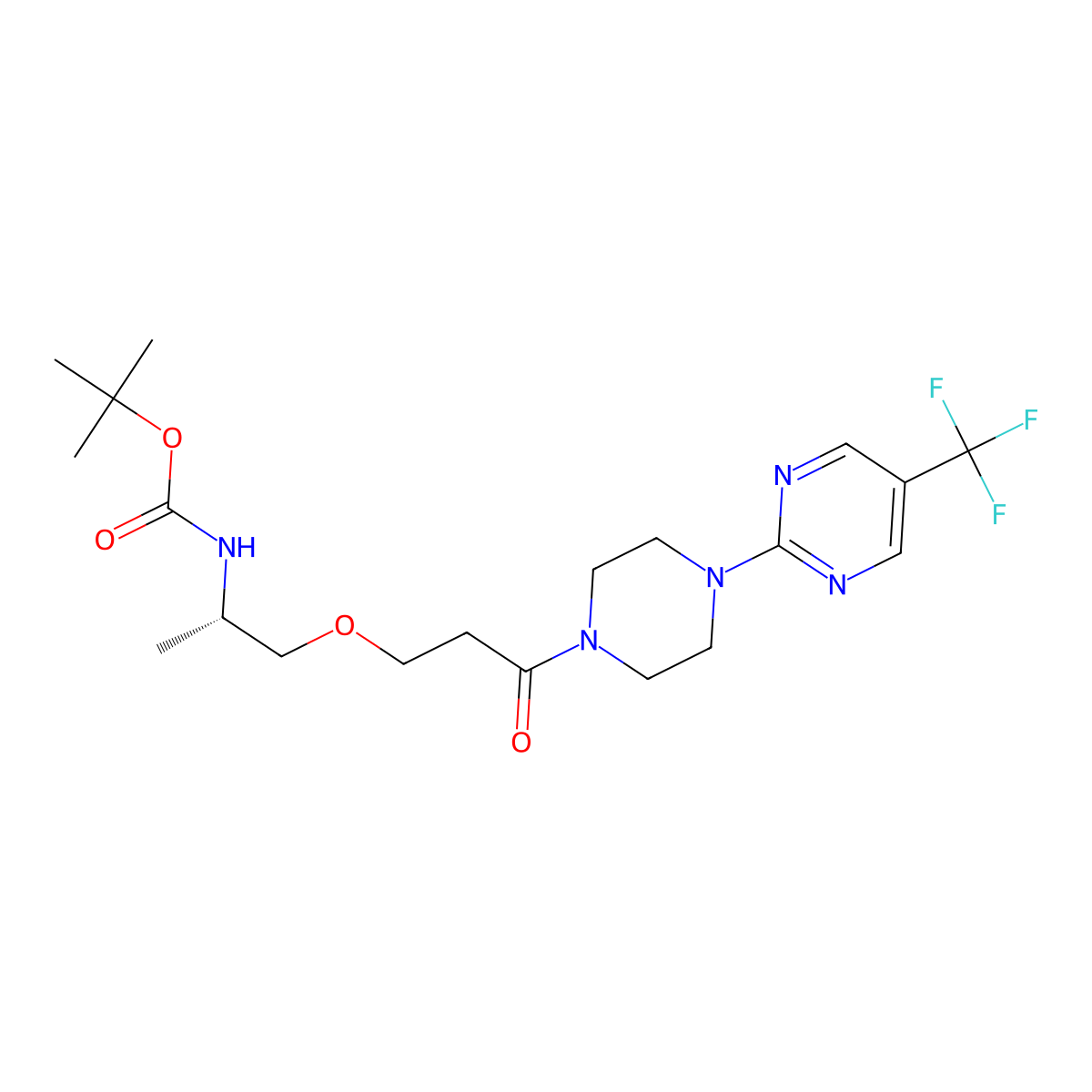 tert-butyl (S)-(1-(3-oxo-3-(4-(5-(trifluoromethyl)pyrimidin-2-yl)piperazin-1-yl)propoxy)propan-2-yl)carbamate molecular structure, CAS 2381058-20-2