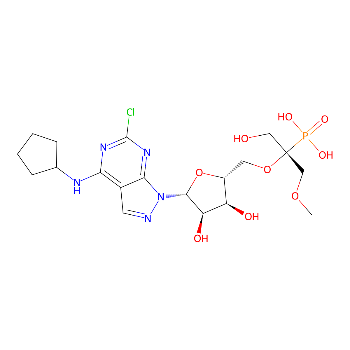 6-chloro-N-cyclopentyl-1-{5-O-[(2R)-1-hydroxy-3-methoxy-2-phosphonopropan-2-yl]-beta-D-ribofuranosyl}-1H-pyrazolo[3,4-d]pyrimidin-4-amine molecular structure, CAS 2381268-71-7
