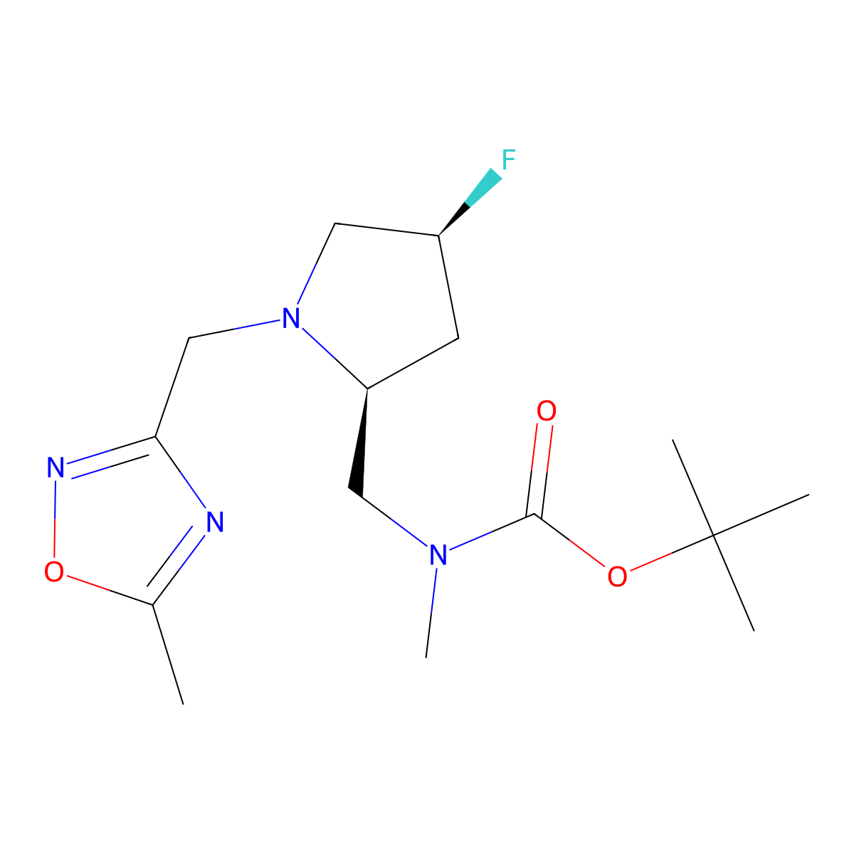 tert-butyl N-{[(2S,4S)-4-fluoro-1-[(5-methyl-1,2,4-oxadiazol-3-yl)methyl]pyrrolidin-2-yl]methyl}-N-methylcarbamate molecular structure, CAS 2381445-30-1