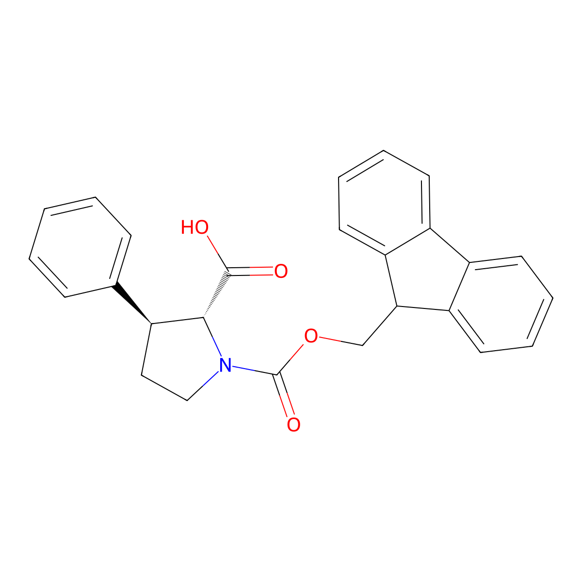 (2R,3S)-1-(((9H-fluoren-9-yl)methoxy)carbonyl)-3-phenylpyrrolidine-2-carboxylic acid molecular structure, CAS 2381715-72-4