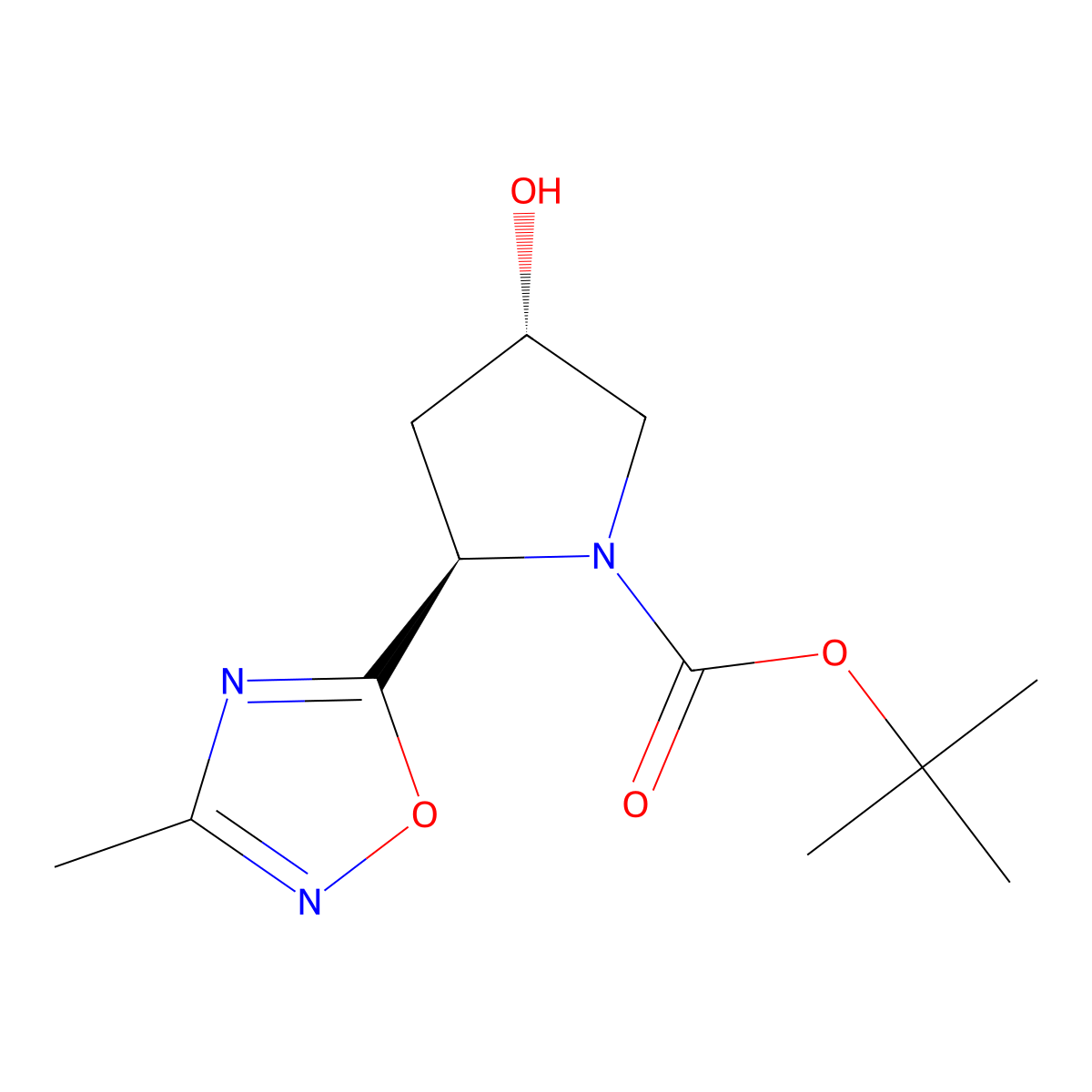 tert-butyl (2R,4S)-4-hydroxy-2-(3-methyl-1,2,4-oxadiazol-5-yl)pyrrolidine-1-carboxylate molecular structure, CAS 2381941-84-8