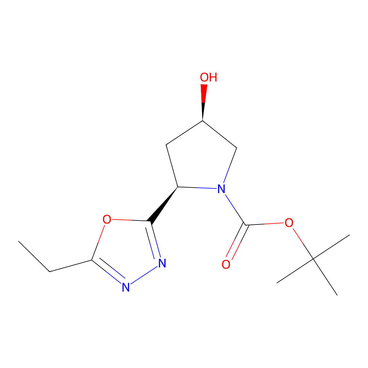 tert-butyl (2R,4R)-2-(5-ethyl-1,3,4-oxadiazol-2-yl)-4-hydroxypyrrolidine-1-carboxylate molecular structure, CAS 2382198-73-2