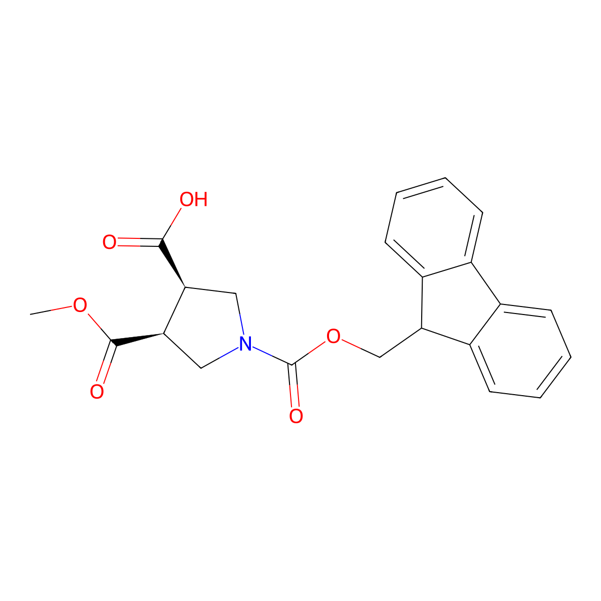 rac-(3R,4S)-1-{[(9H-fluoren-9-yl)methoxy]carbonyl}-4-(methoxycarbonyl)pyrrolidine-3-carboxylic acid, cis molecular structure, CAS 2382251-21-8