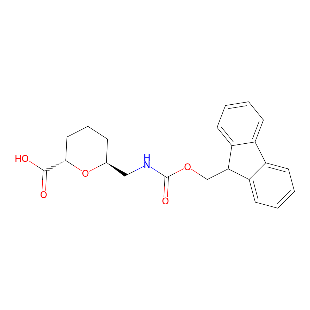 rac-(2R,6R)-6-[({[(9H-fluoren-9-yl)methoxy]carbonyl}amino)methyl]oxane-2-carboxylic acid, trans molecular structure, CAS 2382395-38-0