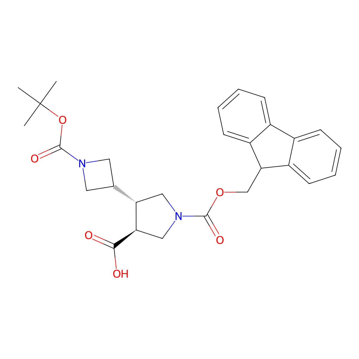 rac-(3R,4R)-4-{1-[(tert-butoxy)carbonyl]azetidin-3-yl}-1-{[(9H-fluoren-9-yl)methoxy]carbonyl}pyrrolidine-3-carboxylic acid, trans molecular structure, CAS 2382440-40-4