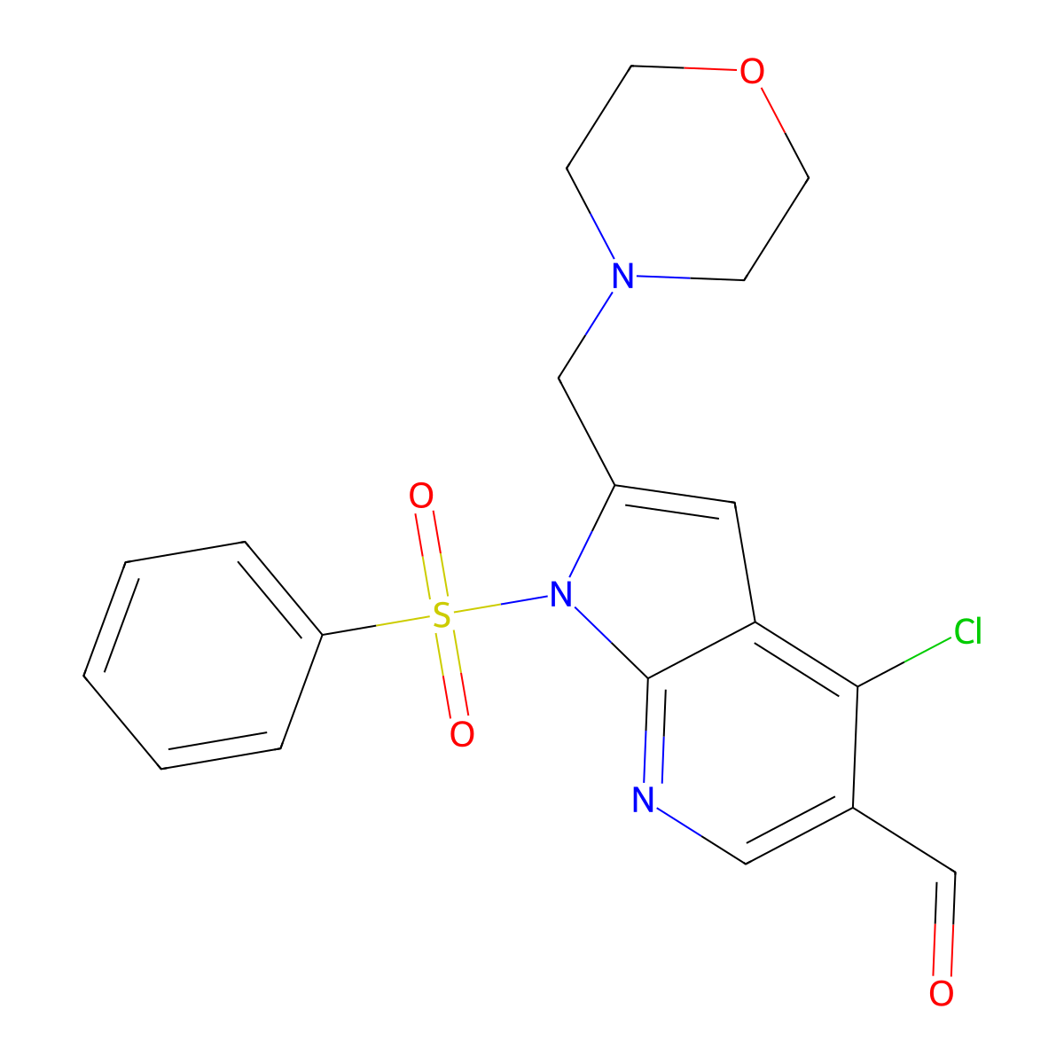 4-Chloro-2-(morpholinomethyl)-1-(phenylsulfonyl)-1H-pyrrolo[2,3-b]pyridine-5-carbaldehyde molecular structure, CAS 2382664-60-8