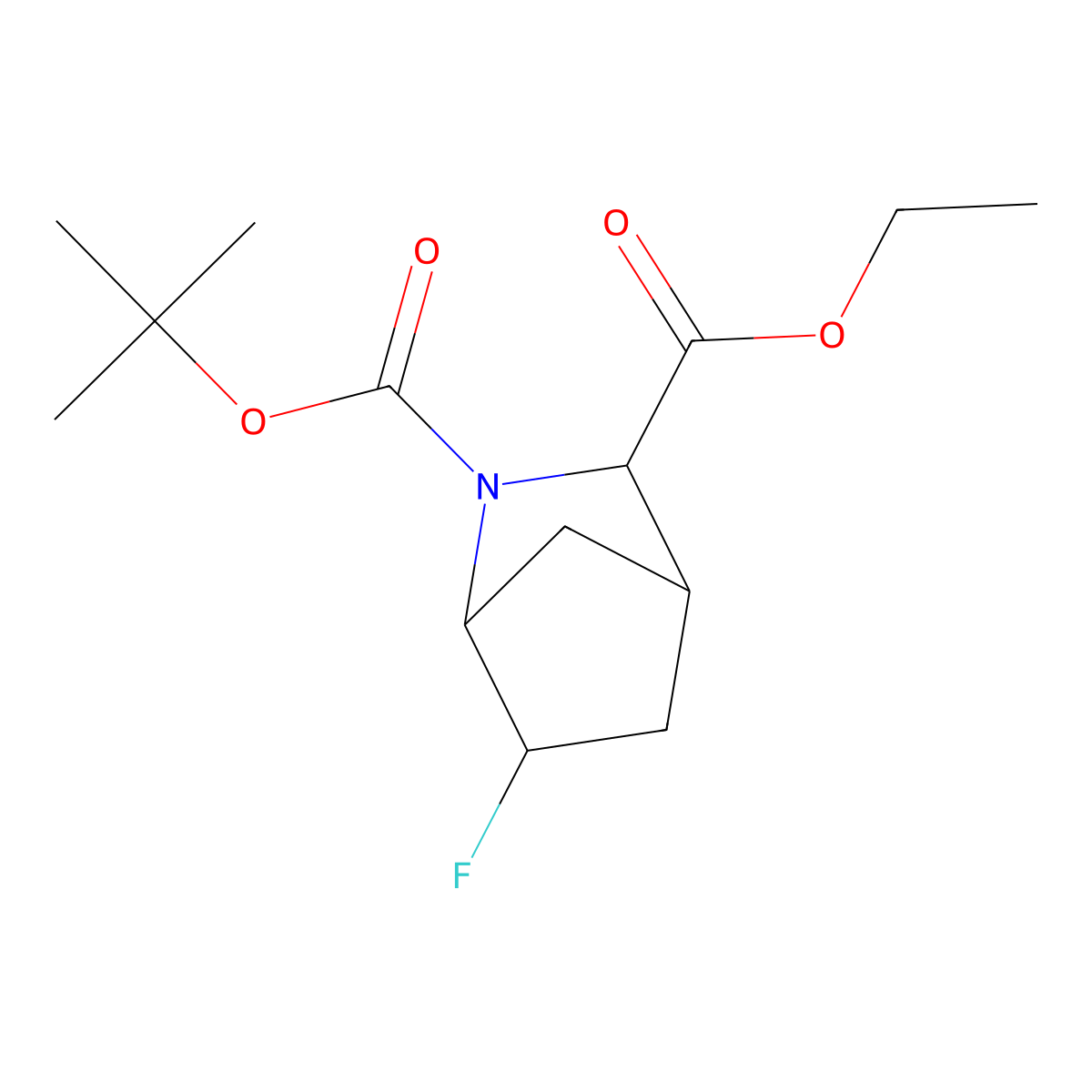 O2-tert-butyl O3-ethyl (1S,3R,4R)-6-fluoro-2-azabicyclo[2.2.1]heptane-2,3-dicarboxylate molecular structure, CAS 2382799-39-3