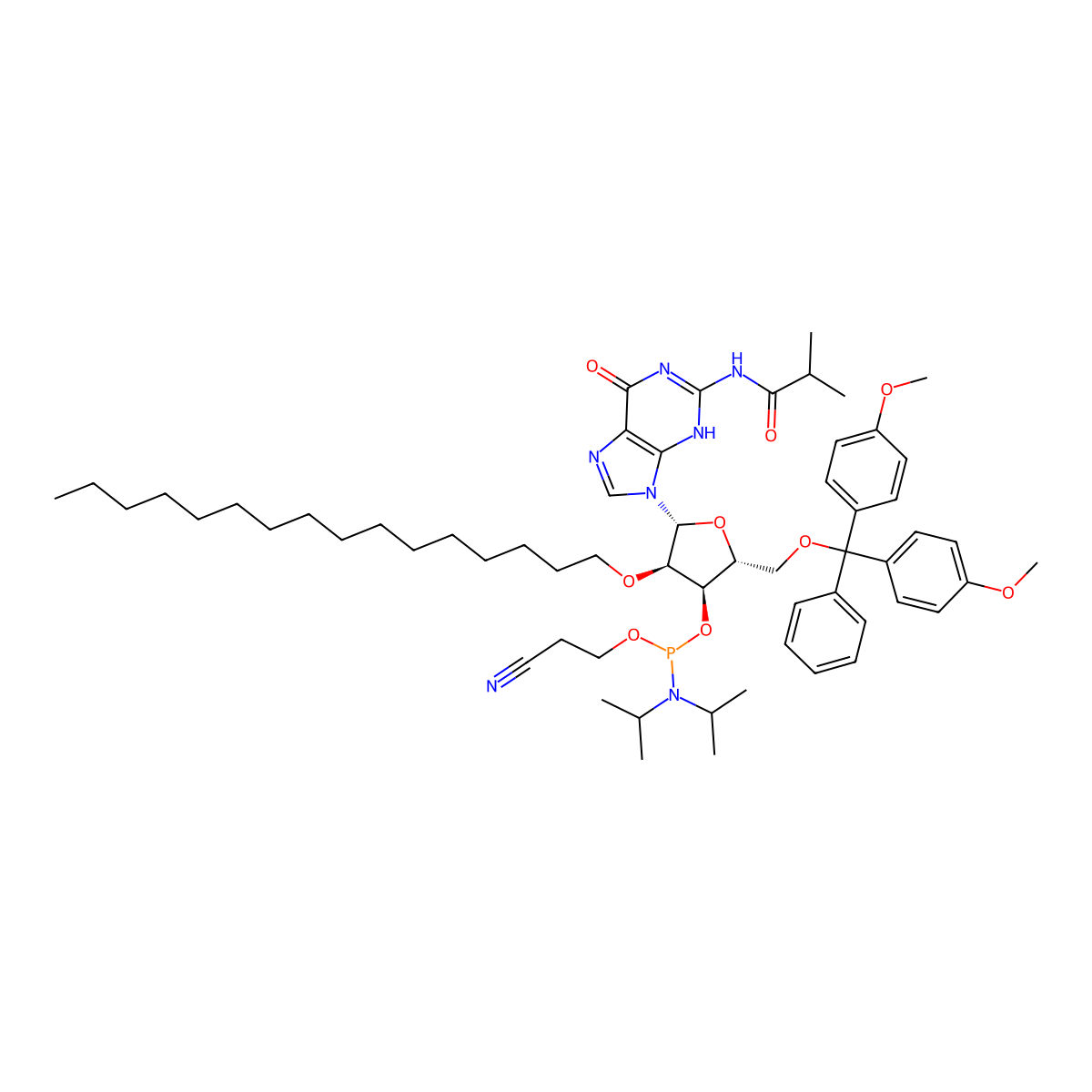 N2-iBu-5'-O-DMTr-2'-O-hexadecanyl guanosine 3'-CED molecular structure, CAS 2382942-32-5