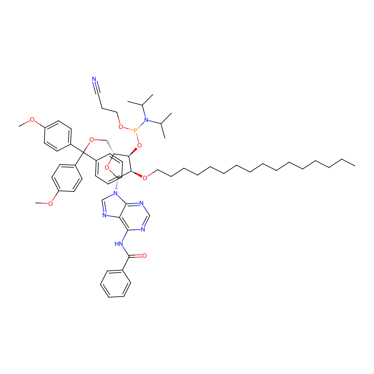 (2R,3R,4R,5R)-5-(6-Benzamido-9H-purin-9-yl)-2-((bis(4-methoxyphenyl)(phenyl)methoxy)methyl)-4-(hexadecyloxy)tetrahydrofuran-3-yl (2-cyanoethyl) diisopropylphosphoramidite molecular structure, CAS 2382942-35-8