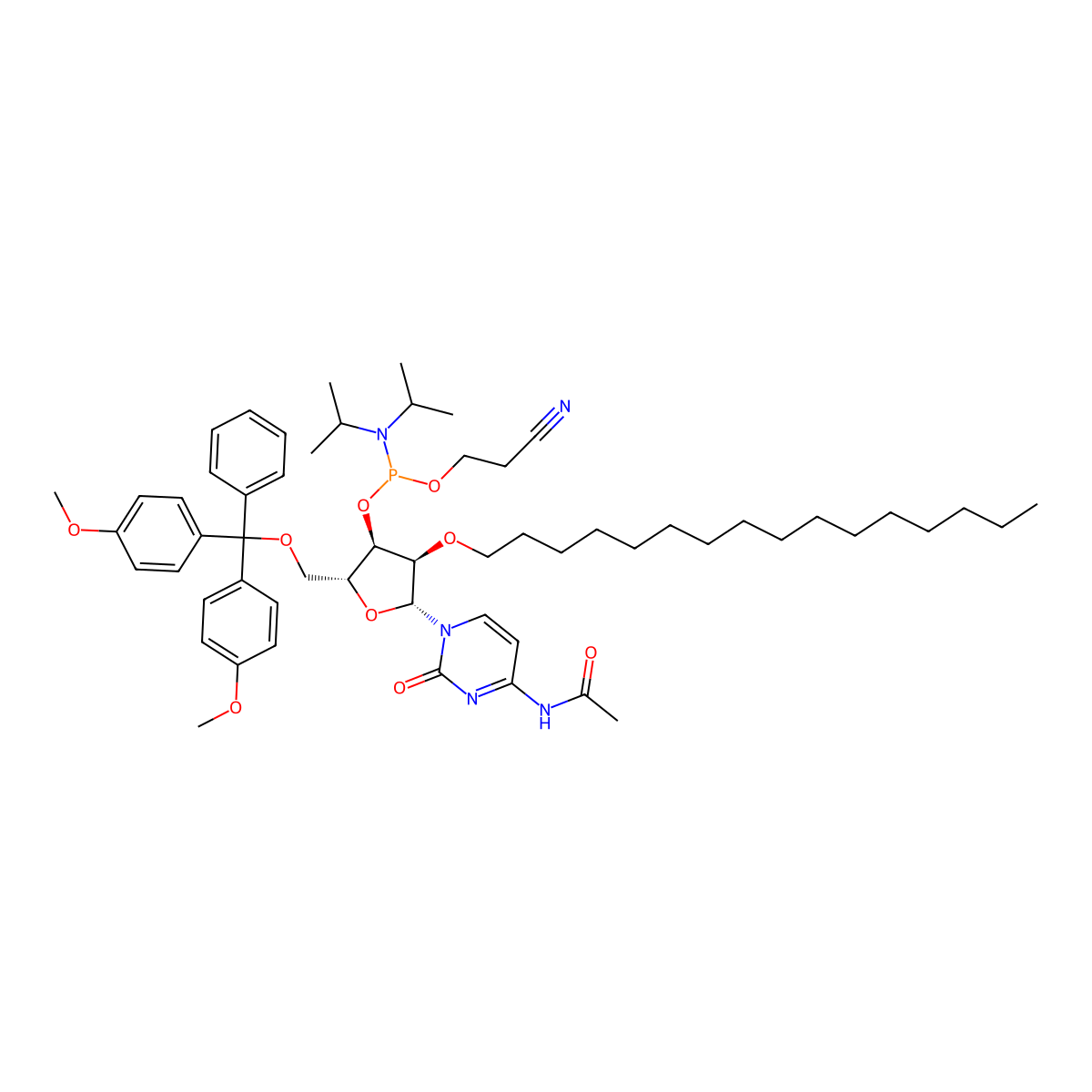 (2R,3R,4R,5R)-5-(4-acetamido-2-oxopyrimidin-1(2H)-yl)-2-((bis(4-methoxyphenyl)(phenyl)methoxy)methyl)-4-(hexadecyloxy)tetrahydrofuran-3-yl (2-cyanoethyl) diisopropylphosphoramidite molecular structure, CAS 2382942-38-1