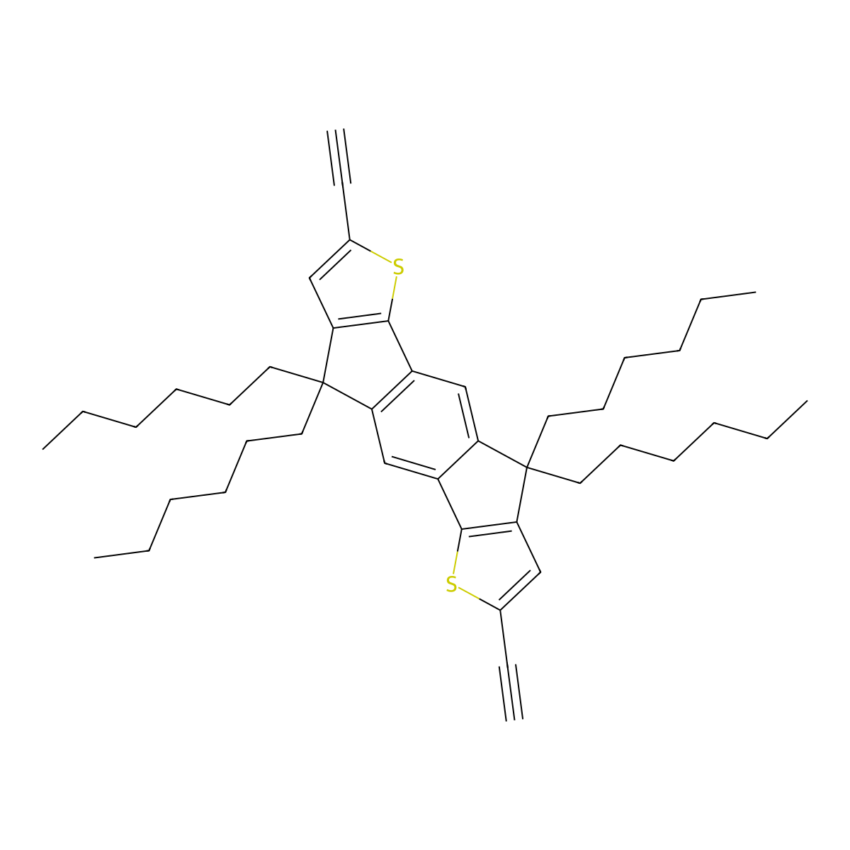 2,7-Diethynyl-4,4,9,9-tetrahexyl-4,9-dihydro-S-indaceno[1,2-B:5,6-B']dithiophene molecular structure, CAS 2383018-88-8